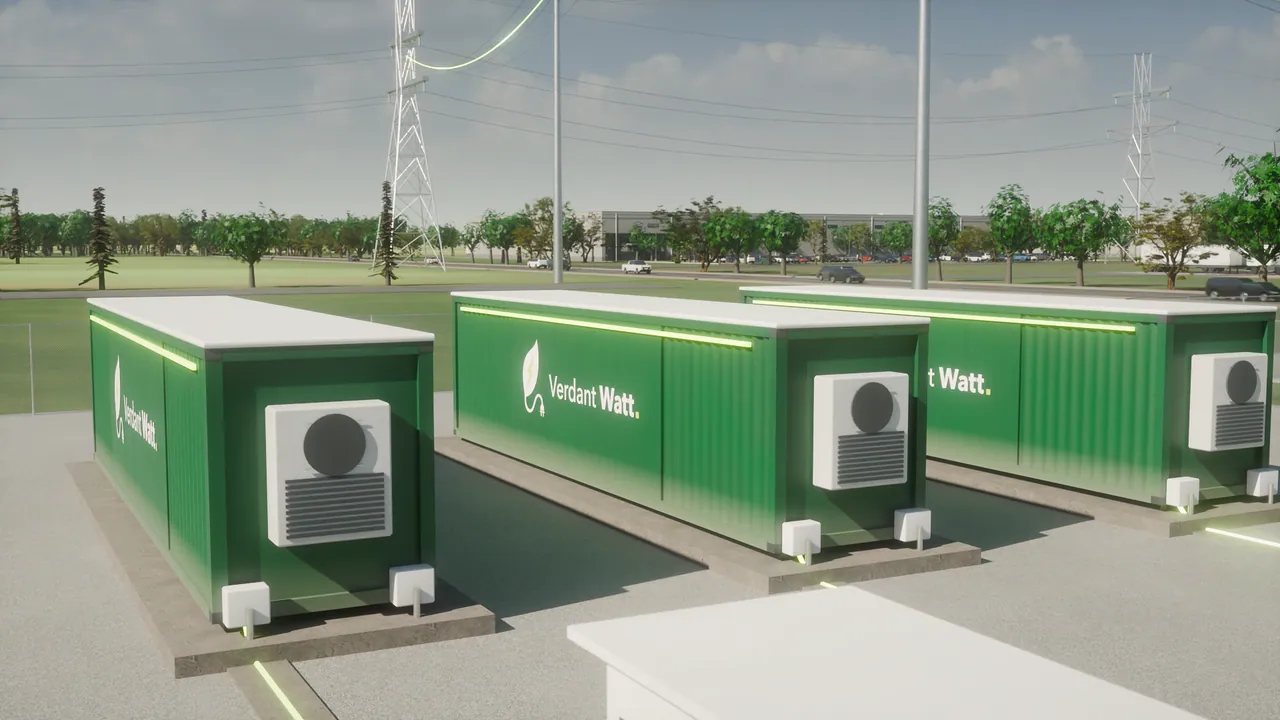Visualization of VerdantWatt battery containers: green enclosures with the VerdantWatt logo, cooling units and lime light strips, on a gravel pad near a transmission line.