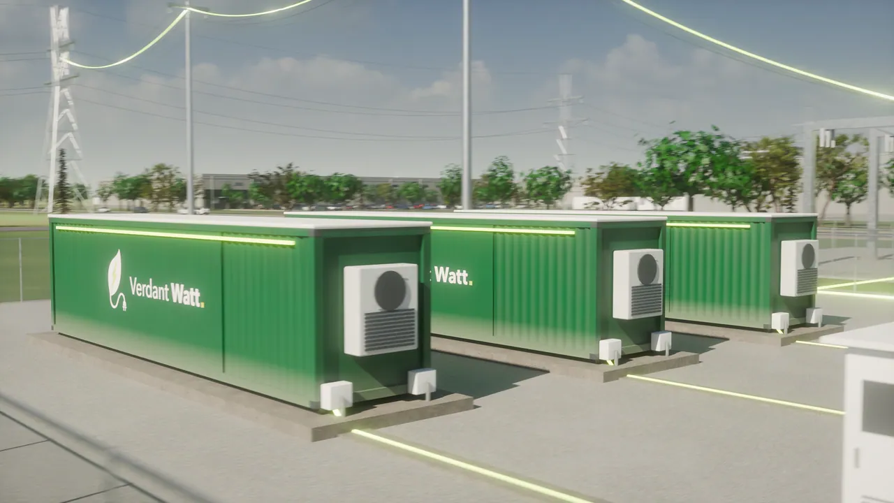 Visualization of a plant’s battery yard: green VerdantWatt battery containers with lime light strips and cooling units, beside the lot under a transmission line.