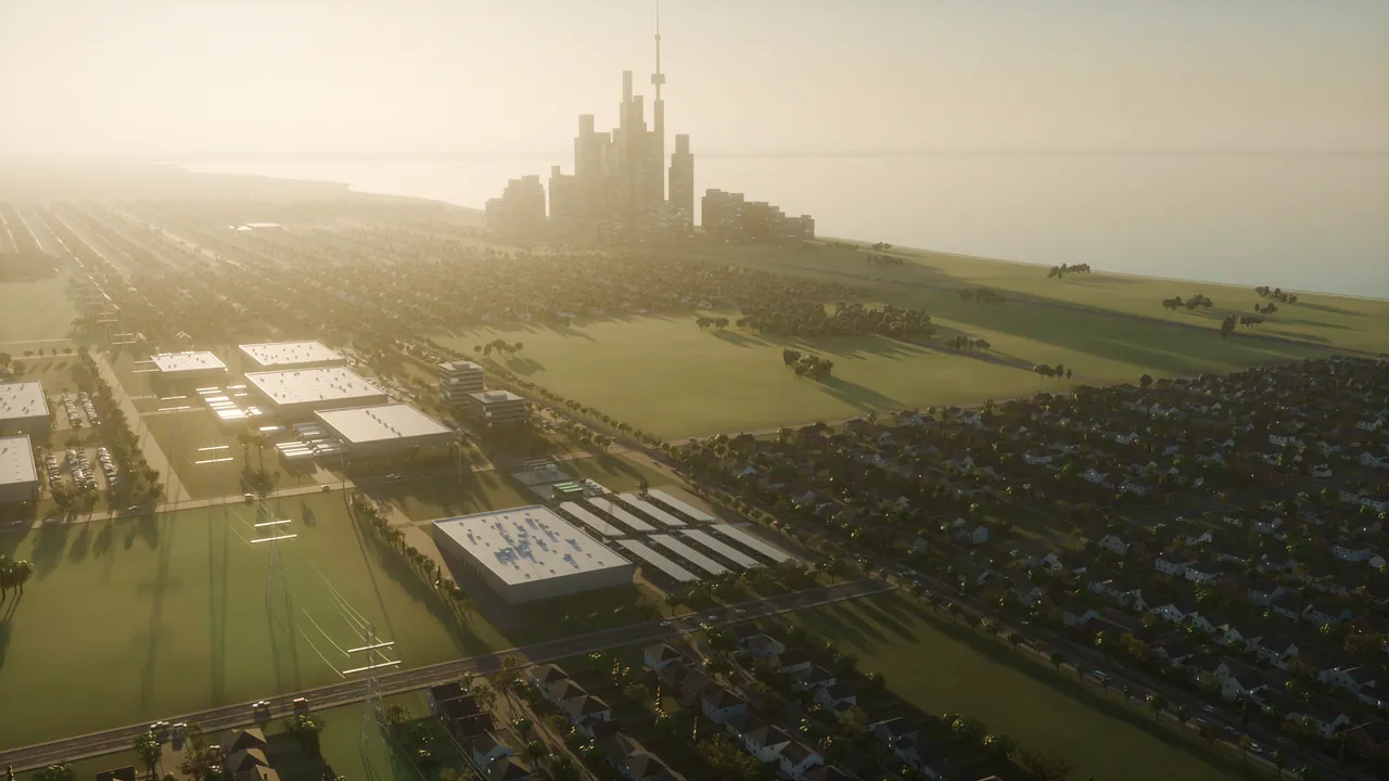 Visualization of a city skyline across the lake at dawn, with low golden light over warehouses and homes