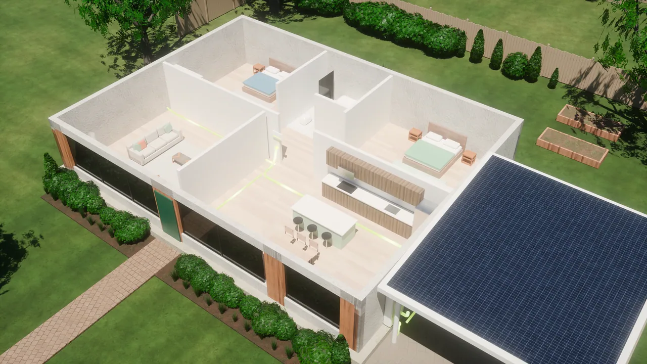 Visualization of a single-storey home seen from above with its roof lifted away: living room, kitchen with an island, two bedrooms and a bathroom. Thin lime lines run across the floor from a solar carport and a wall battery to a hub on the hall wall.