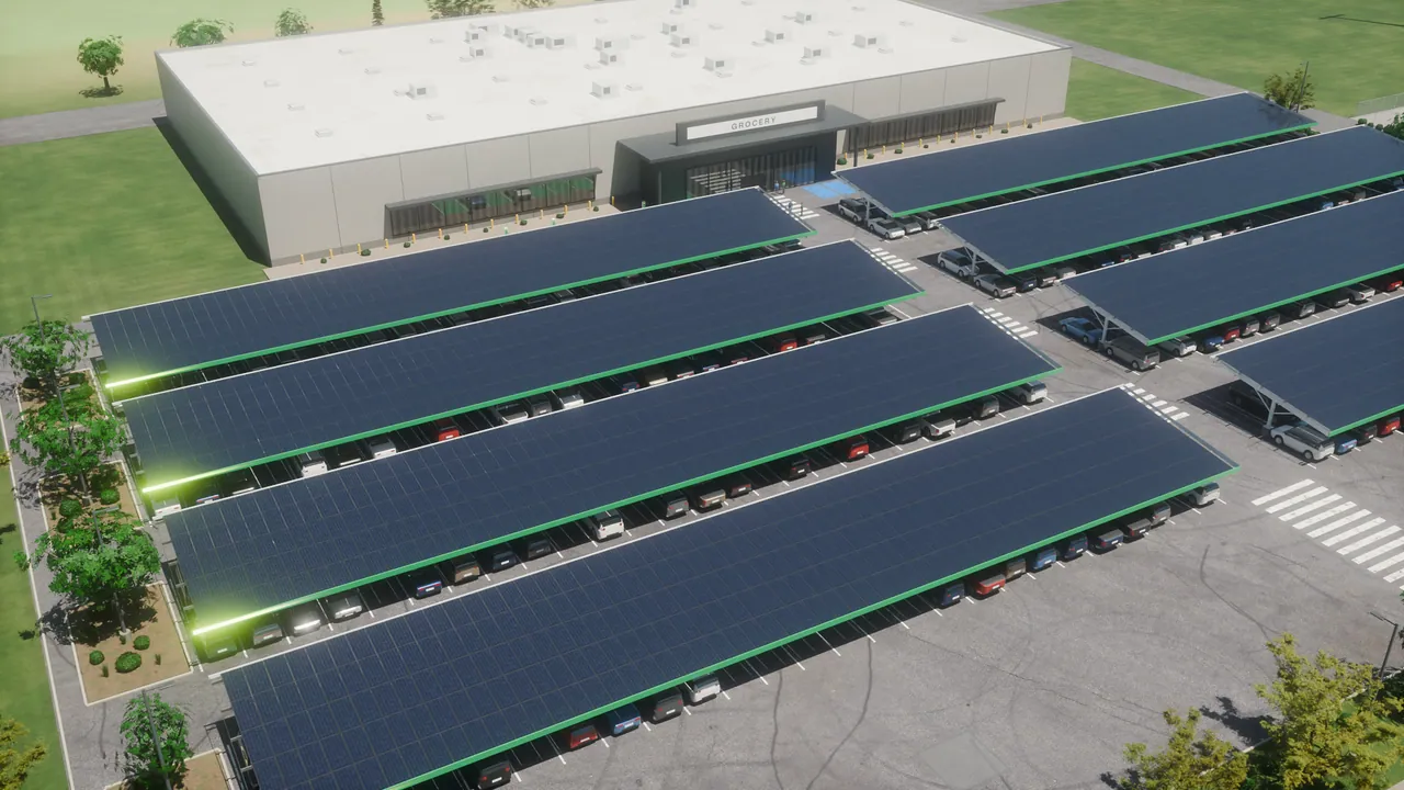 Visualization of rows of solar canopies over a grocery store parking lot under a clear sky
