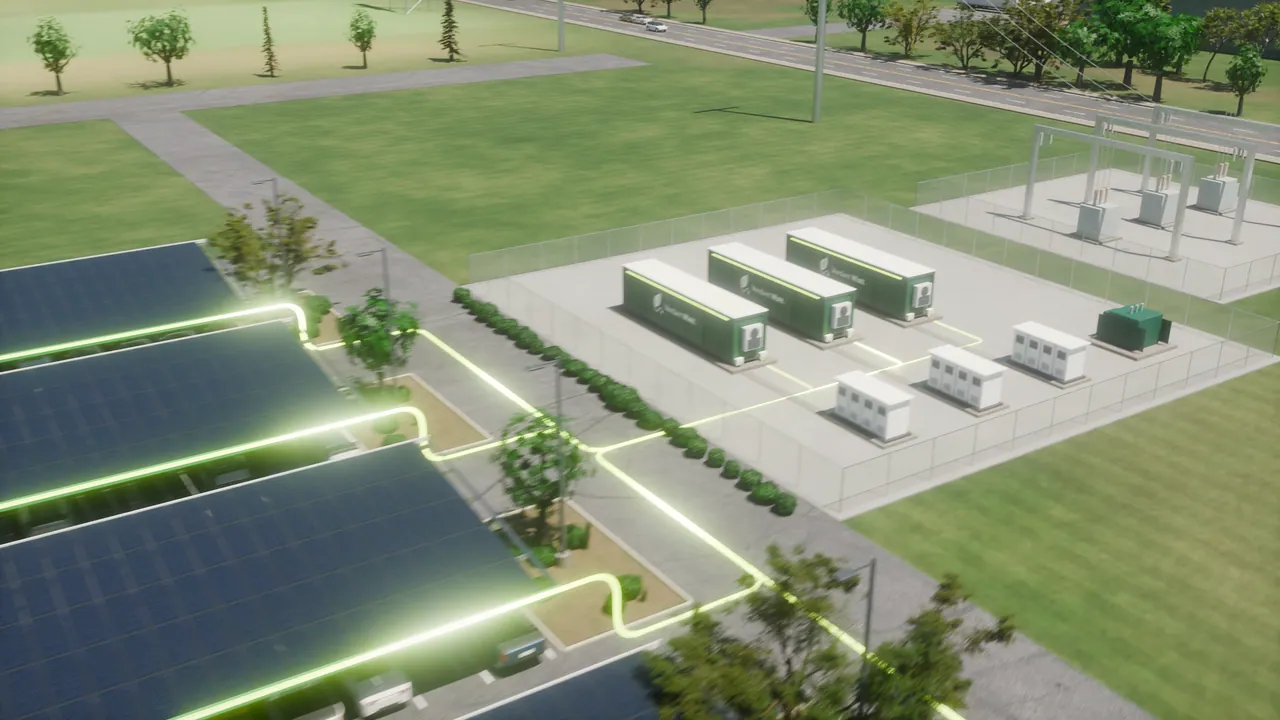 Visualization of a planned Parking Lot Power Plant: solar canopies over the stalls, with a lime line of energy running along a path to a fenced yard of green battery containers beside a substation.